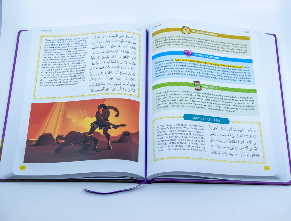 The Clear Quran Tafsir for Kids Surahs 1-9 by Mawlana Books, featuring colorful illustrations and Arabic script pages.