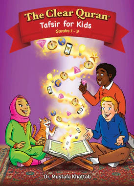 Open copy of The Clear Quran Tafsir for Kids Surahs 1-9 by Mawlana Books showing colorful pages with Arabic text and English explanations.