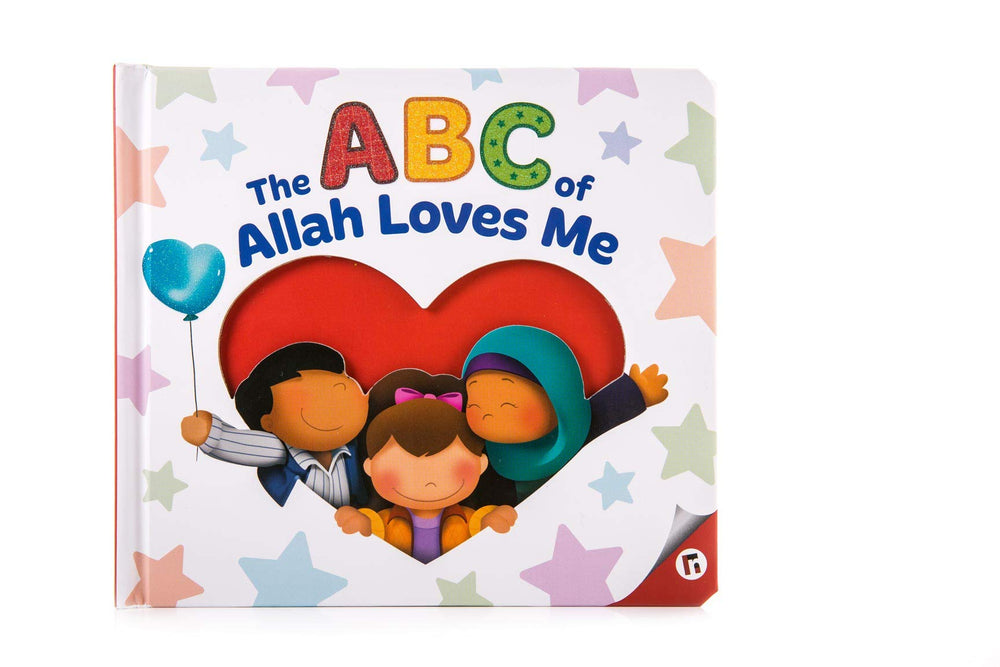 Open copy of "ABC of Allah Loves Me" hardcover book by Mawlanabooks, featuring colorful alphabet illustrations for children.