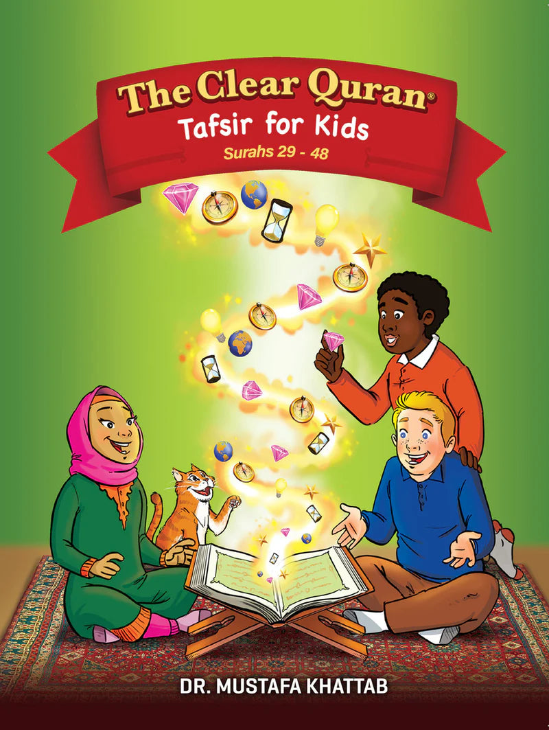 Open clear Quran for kids showing Surahs 29-48 with Tafsir, featuring colorful illustrations and Arabic text from Mawlana Books.
