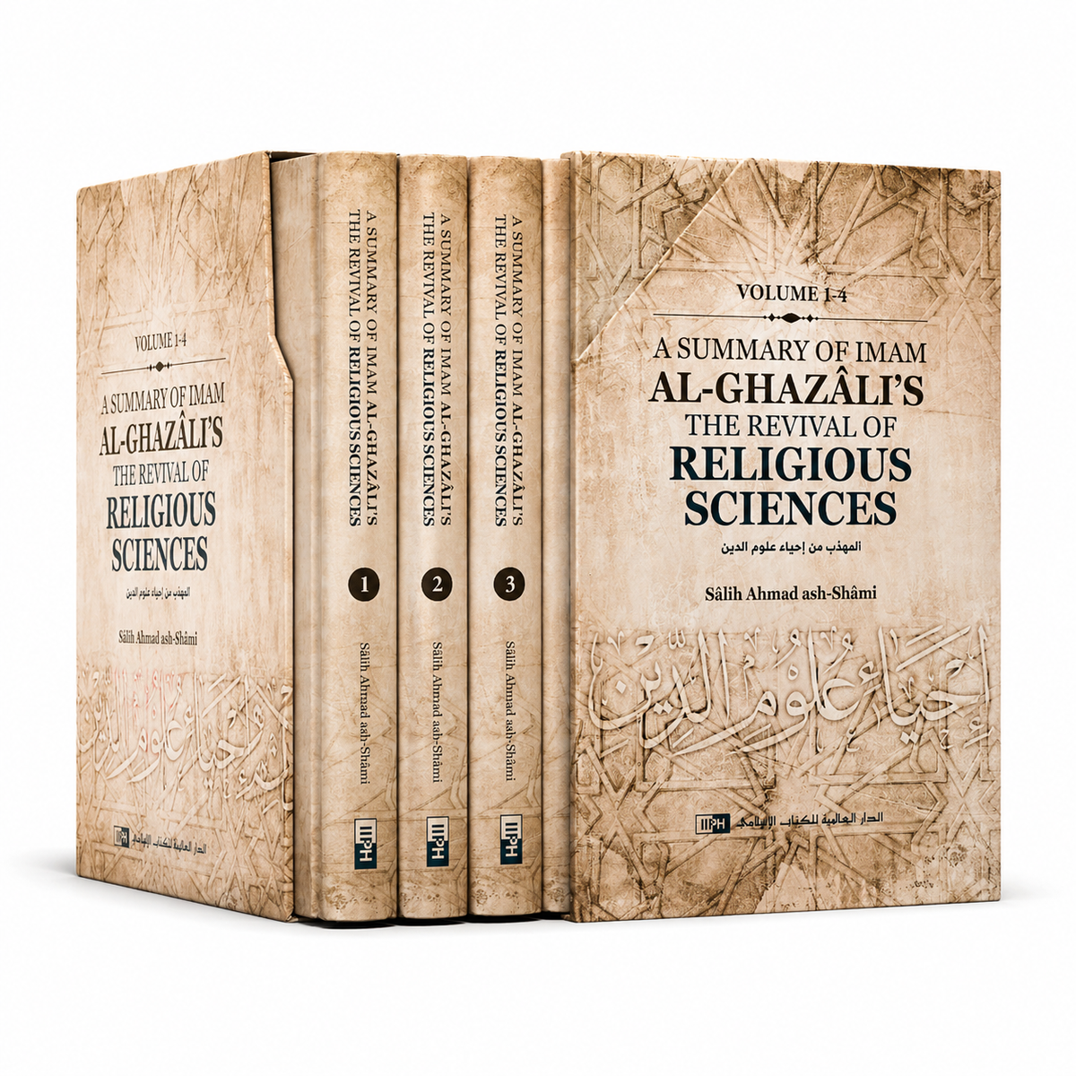 Four-volume set of Imam al-Ghazâli’s The Revival of Religious Sciences by Mawlana Books, featuring black and gold covers.