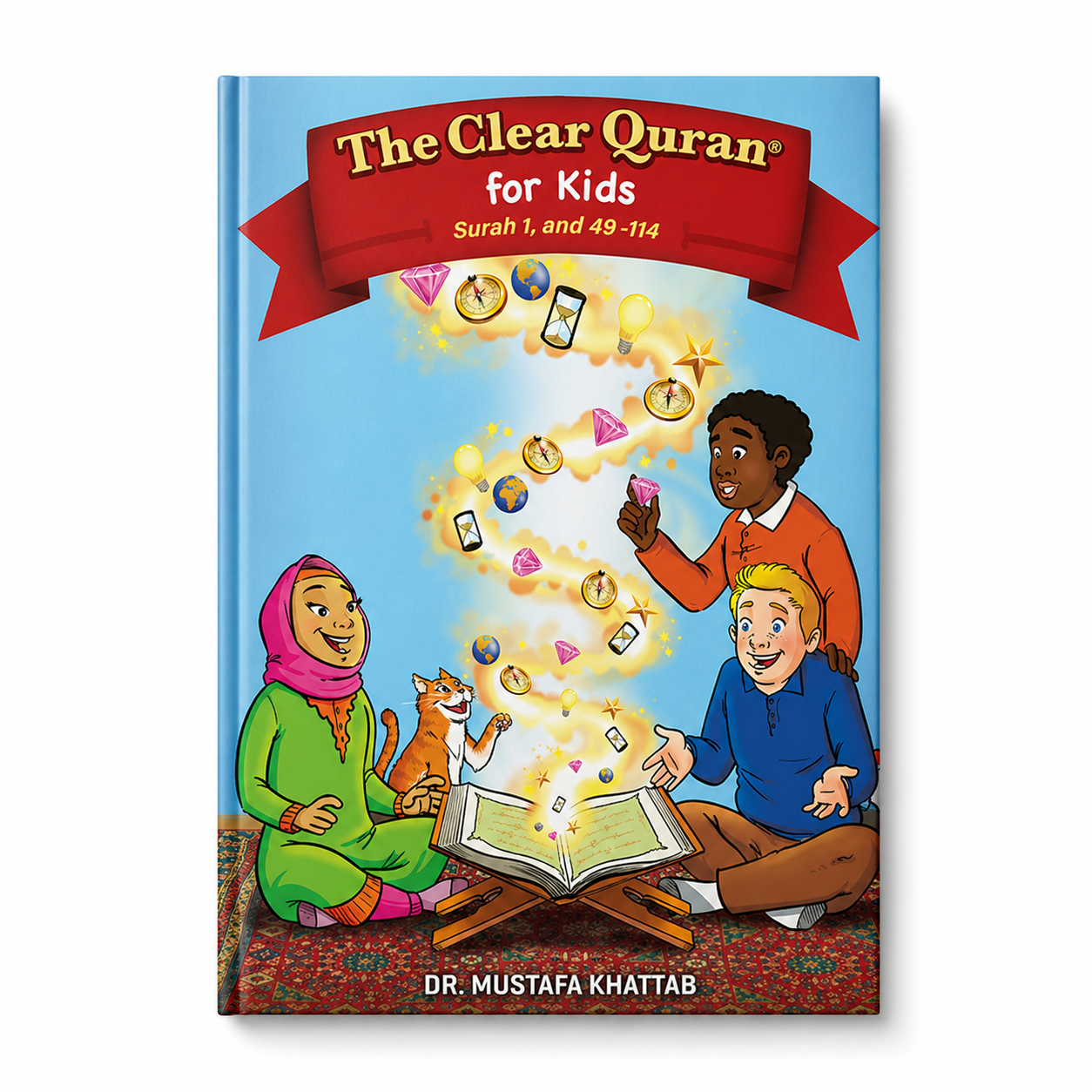The Clear Quran for Kids book by Mawlana Books showing Surah 1 and 49-114 pages, with colorful cover and Arabic text inside.