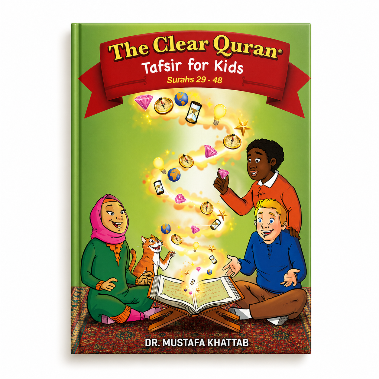 Clear Quran Tafsir for Kids Surahs 29-48 by Mawlana Books, featuring colorful illustrations and Arabic text.