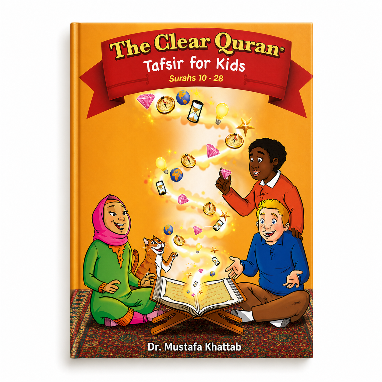 Clear Quran Tafsir for Kids Surahs 10-28 by Mawlana Books, featuring a colorful illustrated open Quran with Arabic text and explanations.
