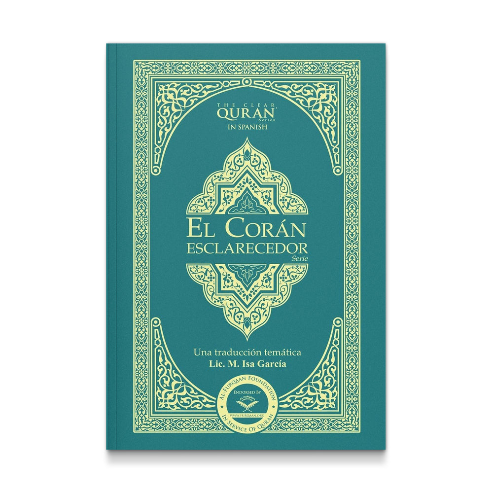 Open book of El Coran - Esclarecedor by Mawlanabooks, showing Arabic script and detailed pages of the religious text.