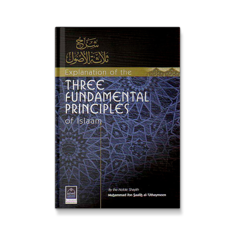 Open book titled "Explanation of the Three Fundamental Principles of Islam" by Mawlanabooks, showing Arabic text and explanations inside.