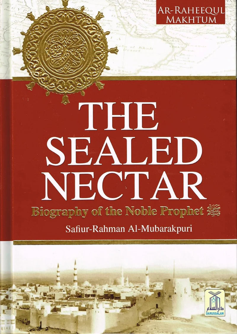 Close-up of a bottle of The Sealed Nectar by Mawlana Books, showing the label and clear liquid inside.