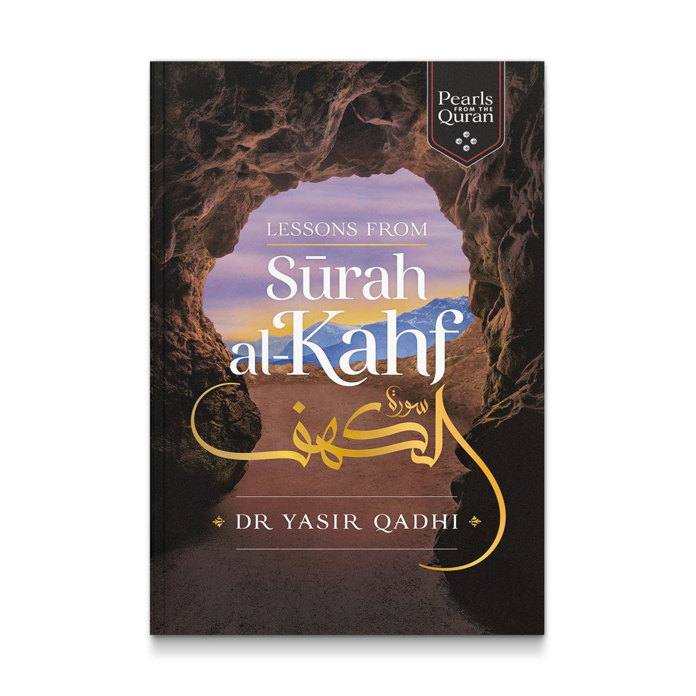 Paperback book titled "Lessons from Surah al-Kahf" by Yasir Qadhi, featuring a cover with Arabic calligraphy and Islamic artwork.