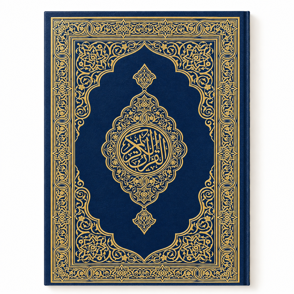 Ornate gold Mushaf Al-Madinah Quran with navy cover by Mawlana Books