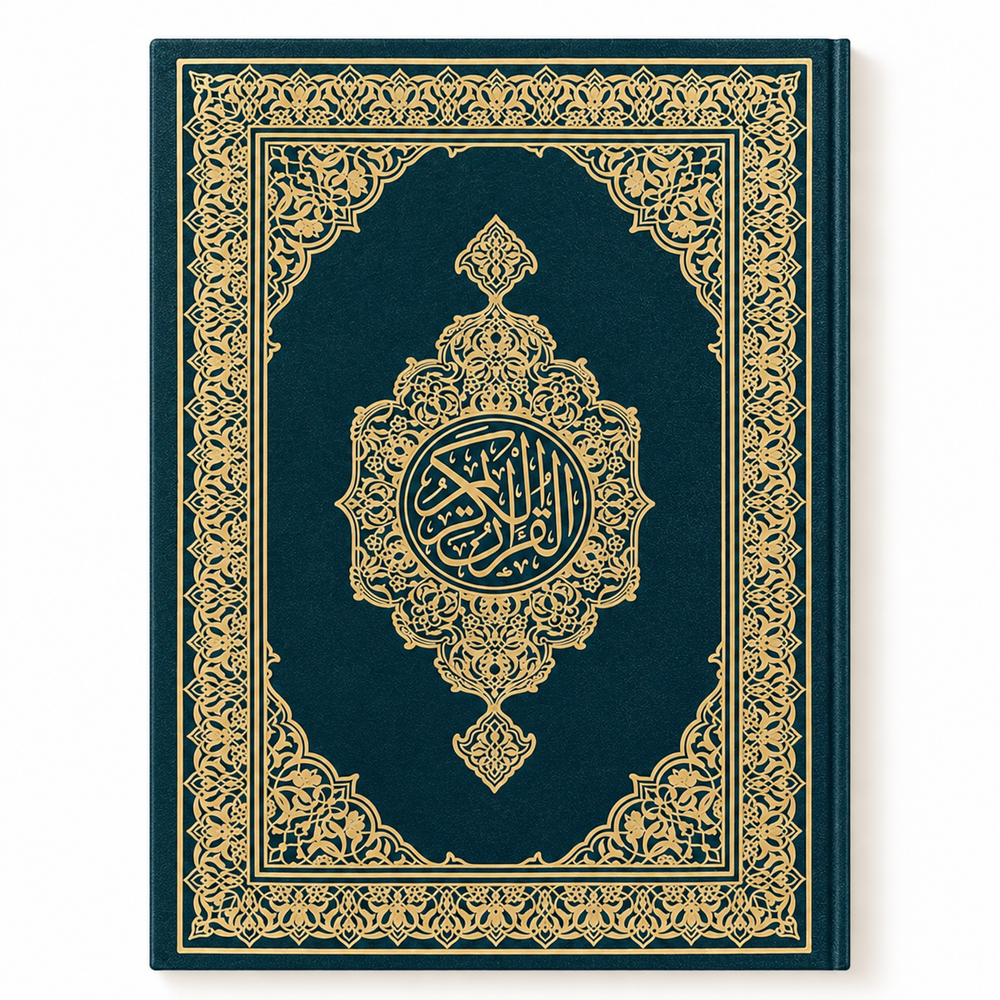 Green Mushaf Al-Madinah Quran with ornate gold filigree cover, quarter-size, by Mawlana Books