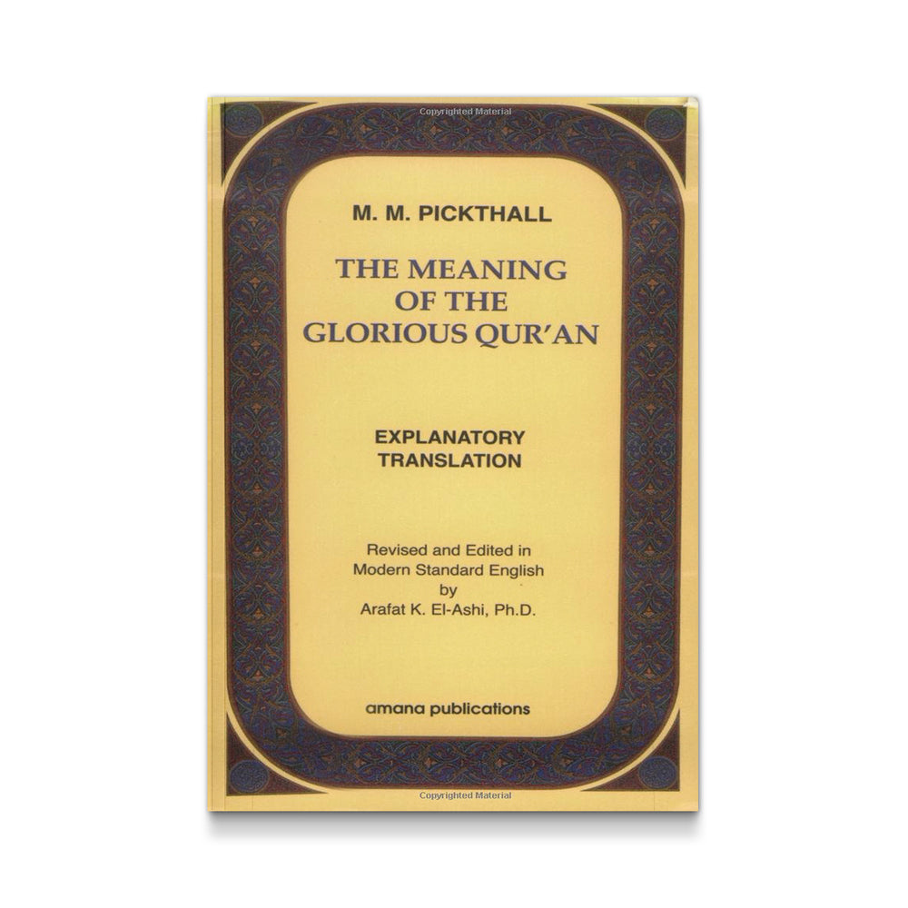Open book showing pages of The Meaning of the Glorious Qur'an translation by Mawlanabooks, featuring Arabic and English text.